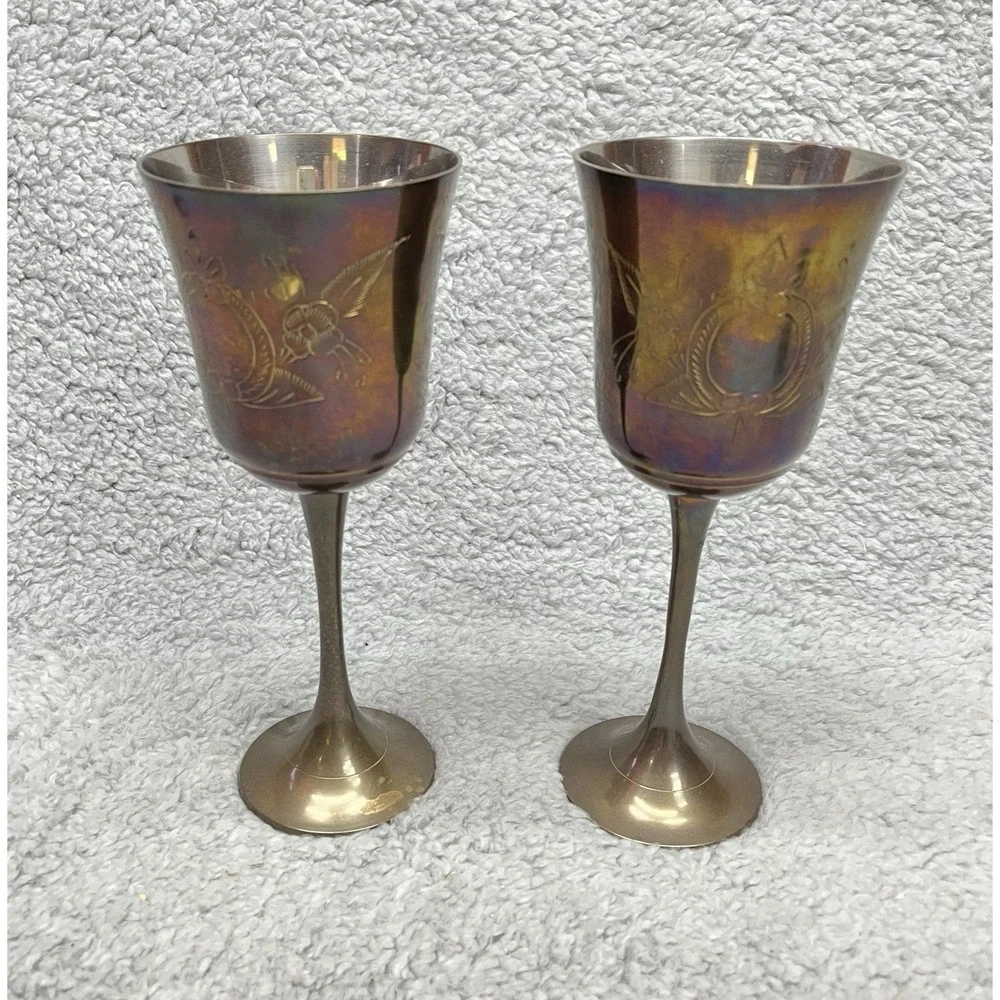 Brass Goblets Drinkware Stemware Vintage Metalware Set‎ of 2 Made in India